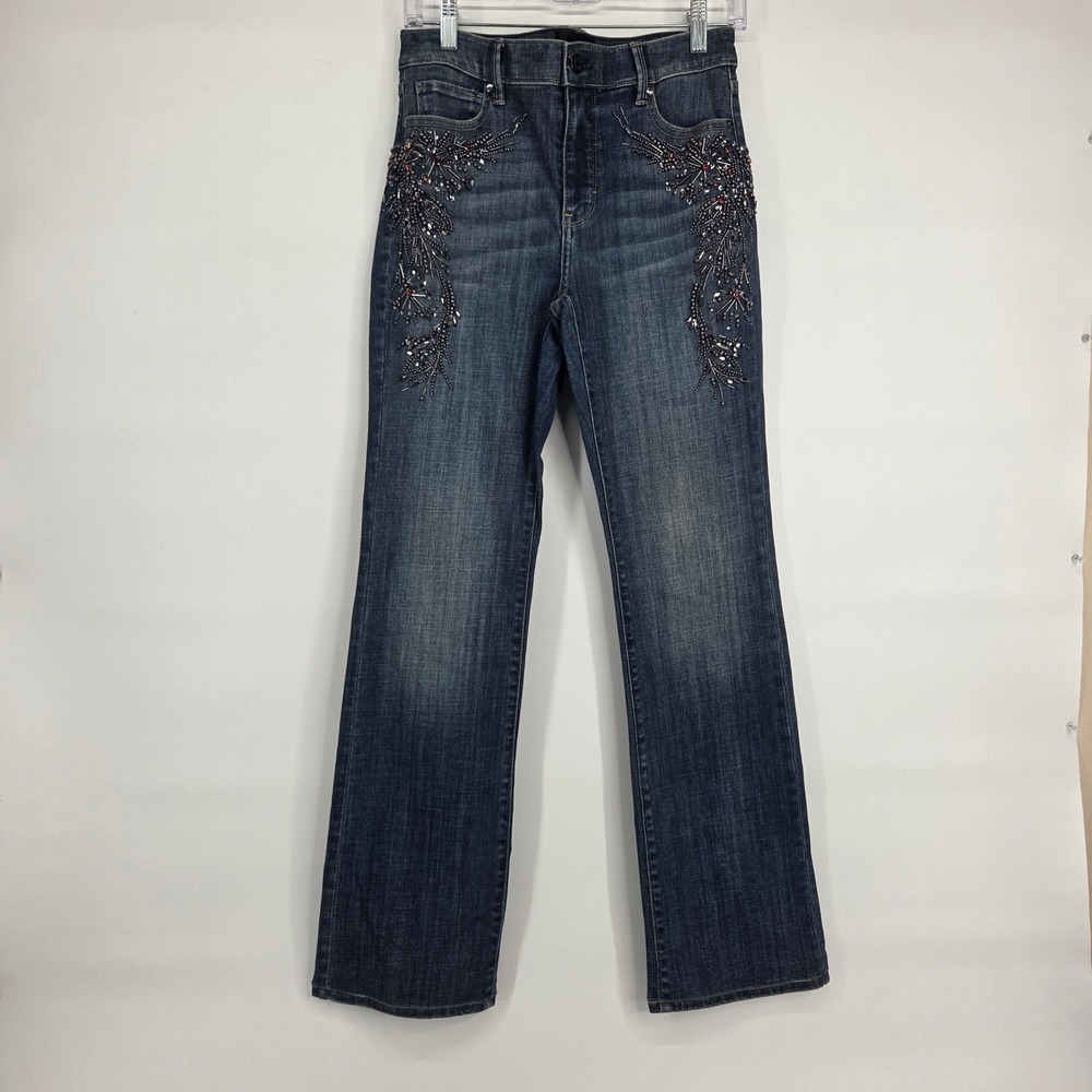 White House Black Market Slim Boot Jeans 4 Blue Beaded Embellished Boho Eclectic